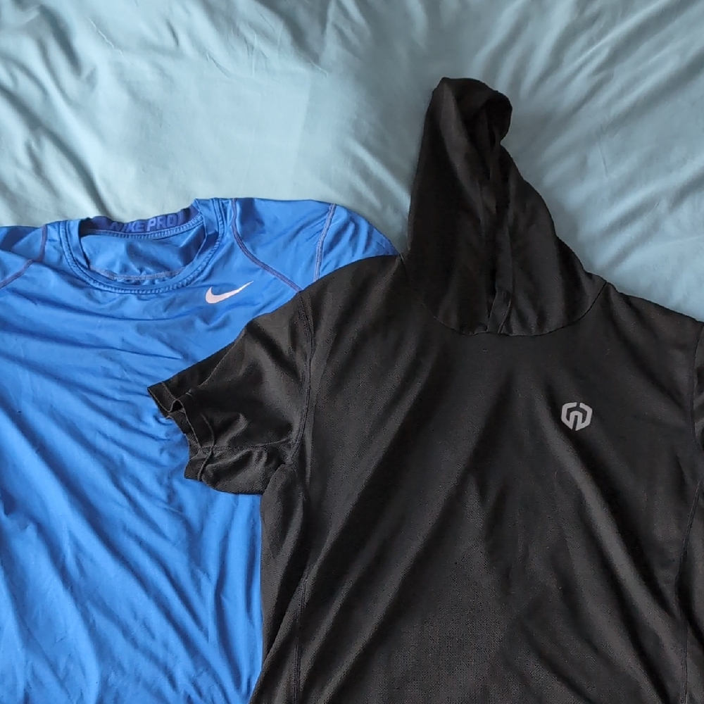 Athletic Men's Blue and Black (Hooded) Short Sleeve Tee (M)